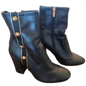 Marc Fisher Classic Woman's Faux Leather Heel Ankle Boots Black Gold Accents 9M